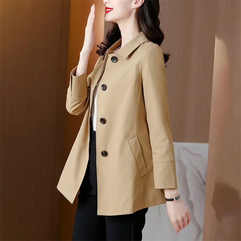 

Ladies Windbreaker Mid Length Coats Pocket Trench Coat For Women Fashion Outwear Polo Neck Solid Color Spring Autumn Female Coat