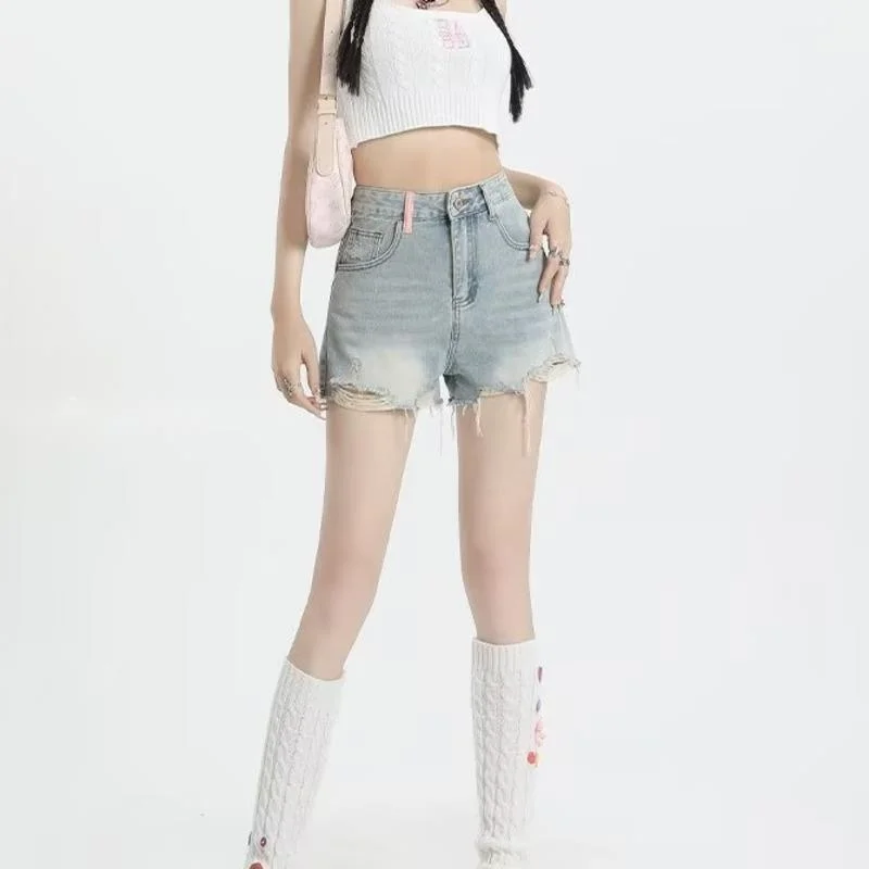 

Light Colored Perforated Denim Shorts For Women's Summer 2023 New High Waisted Tassel Design, A-line Spicy Girl Hot Pants