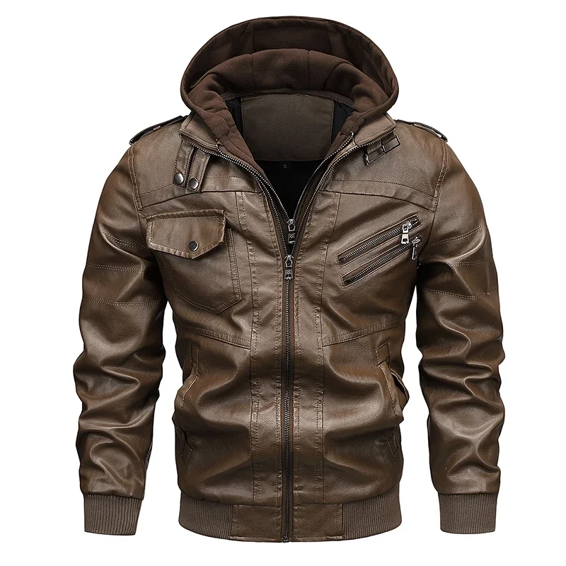 New Men Hooded Leather Jacket Double Zipper Windproof Warm Jacket Men's Fashion Motorcycle Biker LeatherJacket High Quality