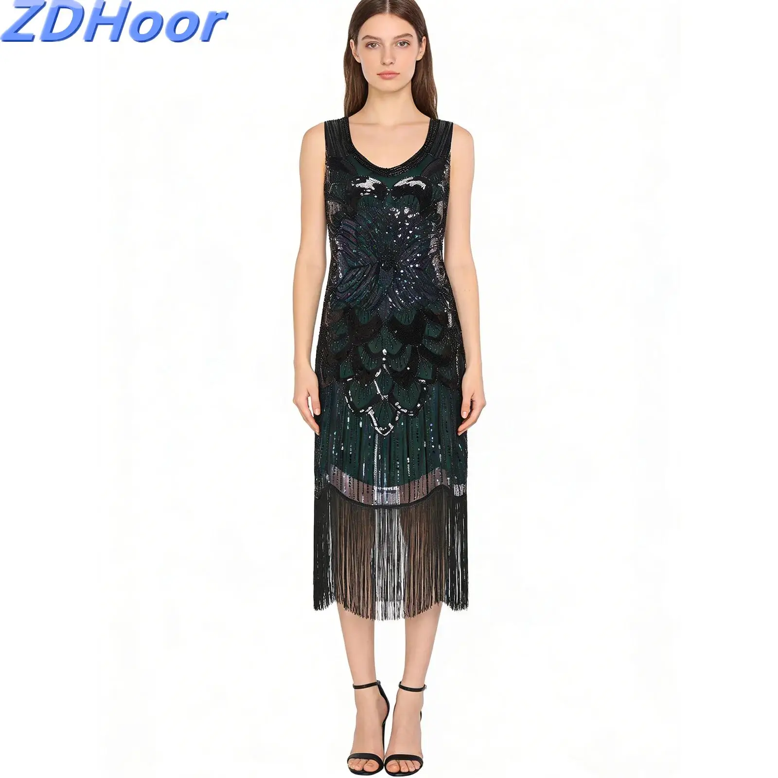 

Womens 1920s Flapper Party Dress Vintage Floral with Sequins And Plastic Beads Tassel Hem Dress for Cocktails Evenings
