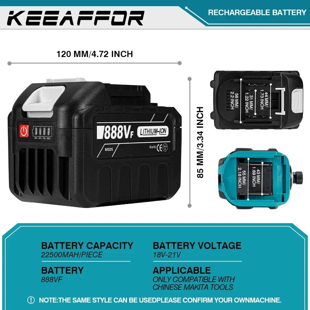 KEEAFFOR 888VF 22500mAh Rechargeable Lithium Ion Battery 18V EU US Plug Electric Wrench Drill For Makita Power Tools Battery