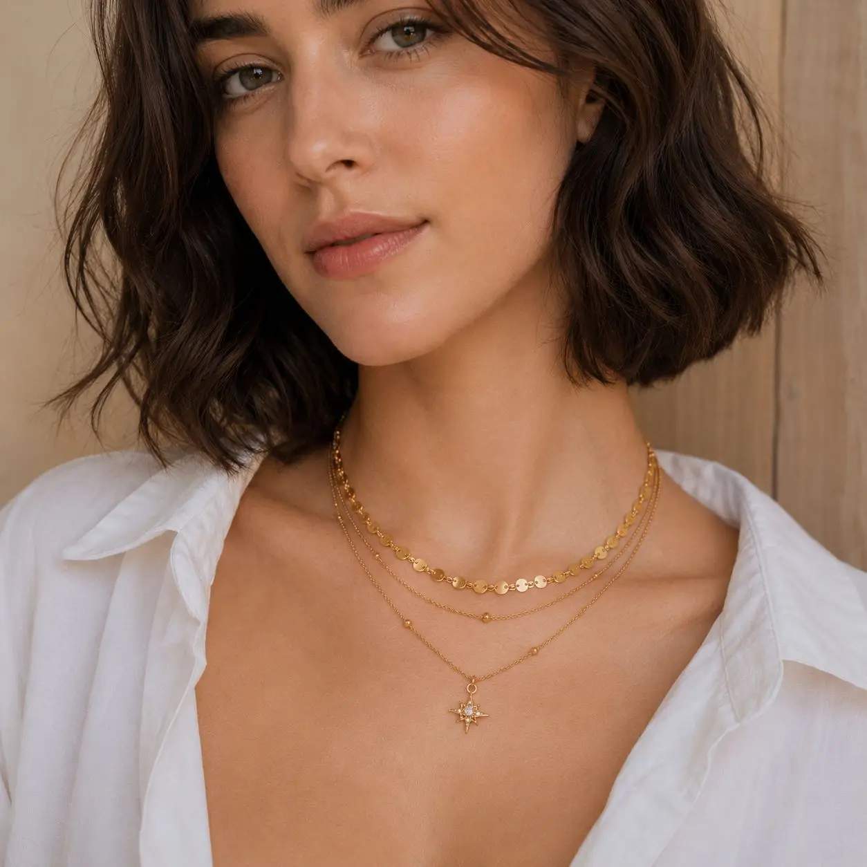 Necklace Multi Layer Fine Chain Stainless Steel Micro Pave Eight Point Star Pendant Sparkle Sequin Accent Elegant Women