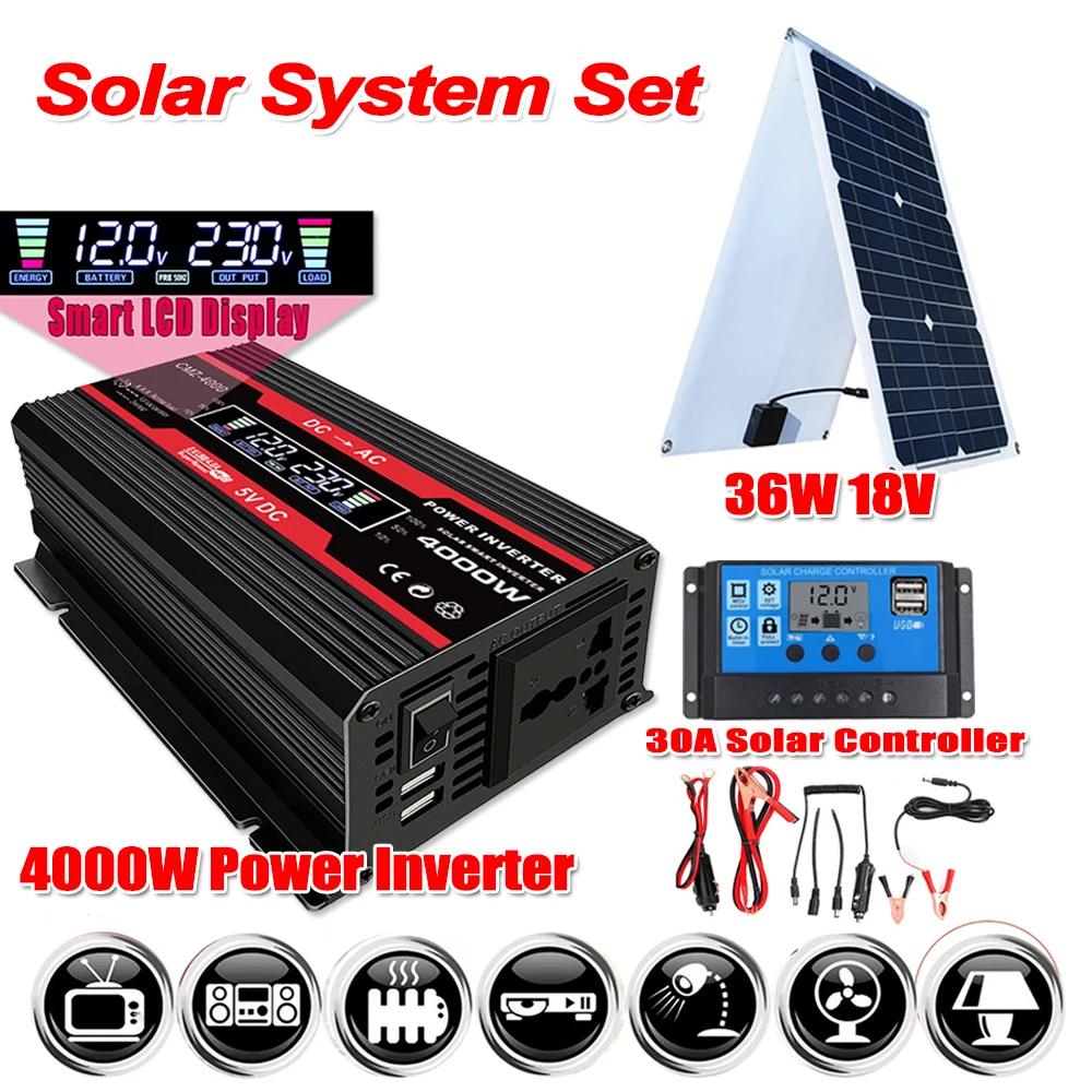 

36W Solar Panel with 30A Solar Controller Solar Power Generation System 4000W 12V TO 110V 220V Voltage Converter Power Inverter