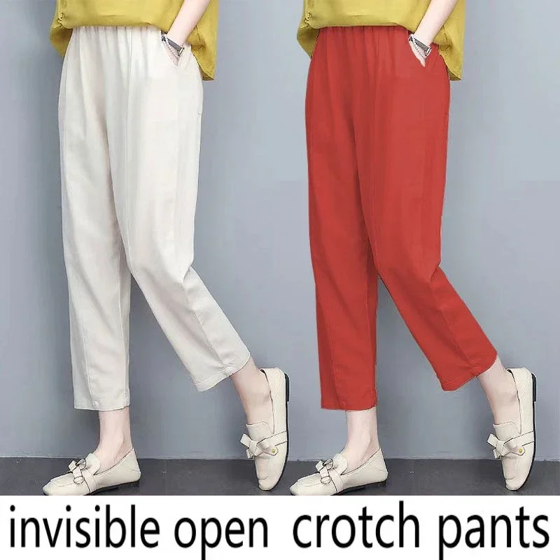 Invisible open crotch pants, pure cotton Harlan pants, women's summer loose and slimming cropped pants, convenient for couples