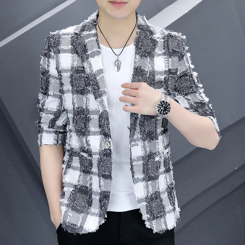 

Summer Men's Slim Fit Casual f Sve Suit Jaet Faionable Korean Sle One Button Plaid irt Youthful Energy Sle