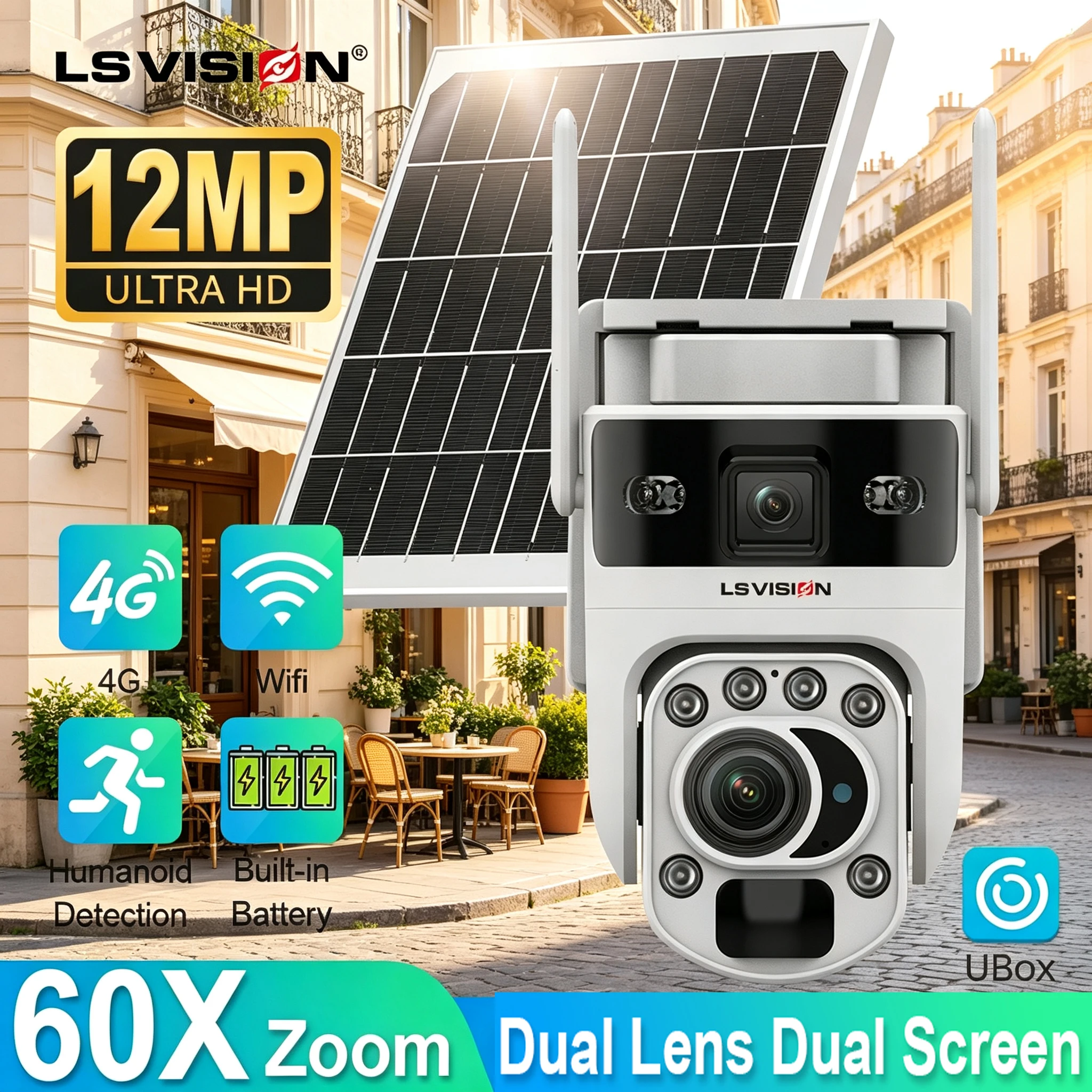 Caméra de sécurité extérieure LS VISION avec zoom 60X, Wifi ou carte SIM 4G, caméras de surveillance domestique sans fil CCTV, batteries intégrées 10050mAh, détection PIR + IA humanoïde, l, suivi automatique, applicati