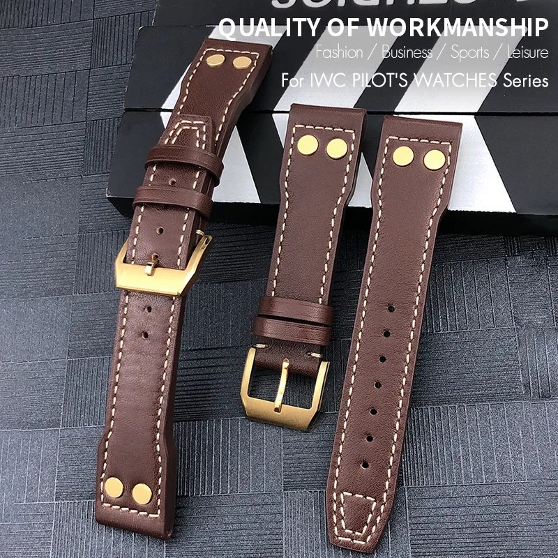 22mm 21mm 20mm Genuine Leather Rivets Watchband for IWC Bronze IW510506 Pilot’s Watch Big Date Spitfire TOP GUN Cowhide Strap