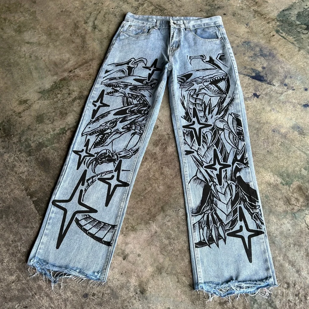 Harajuku y2k baggy jeans blue eyes white dragon print wide leg denim pants popular anime jeans streetwear trouser men clothing