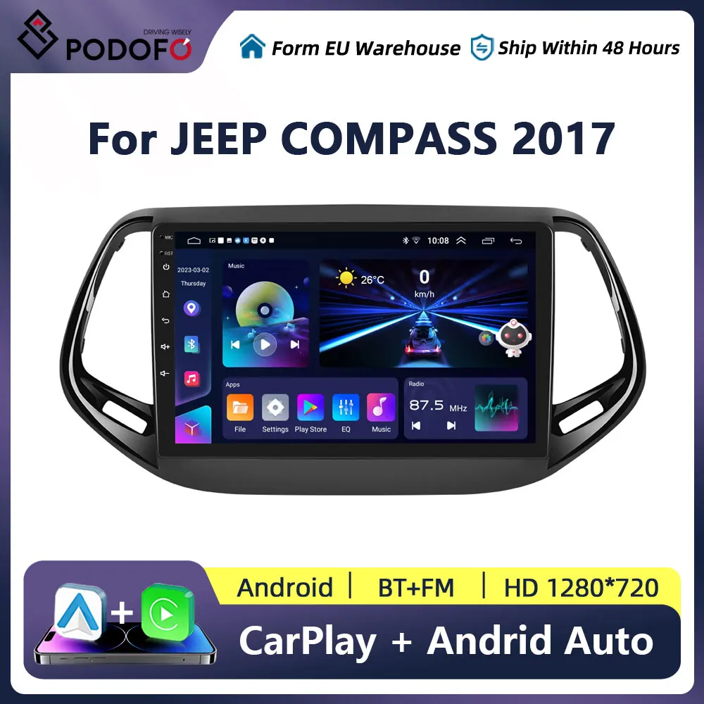 Podofo Android For JEEP COMPASS 2017 Multimedia Navigation Car GPS Car Stereo Carplay Radio 10inch Screen autoradio