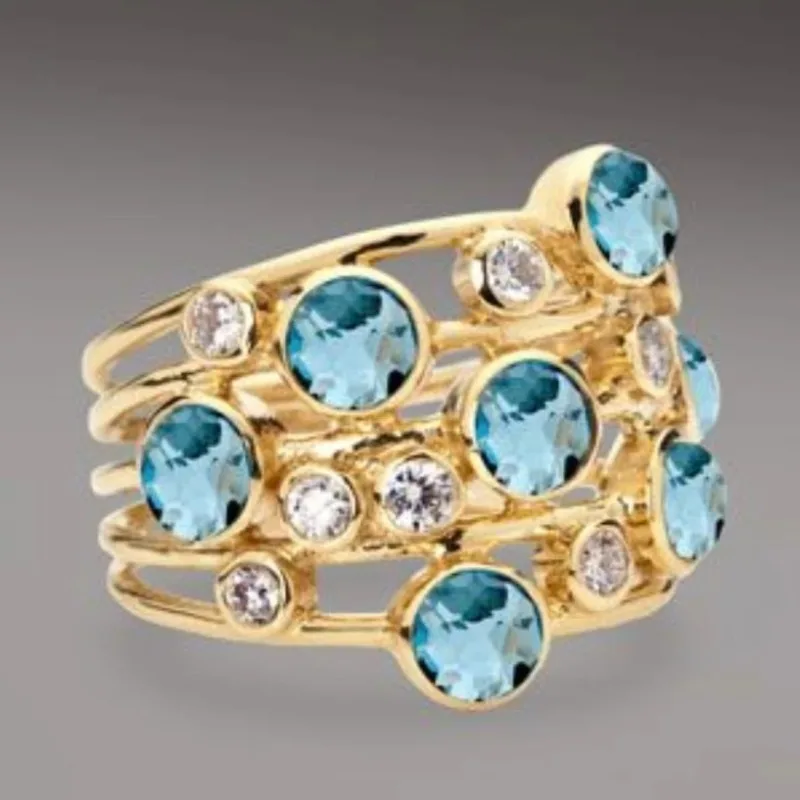 Böhmischer, mehrschichtiger, wellenförmiger Ring, blauer runder Zirkon-Stein, Verlobungsring, Retro, übertrieben, für Frauen, Party, Alltag, Geschenk – Detail 3