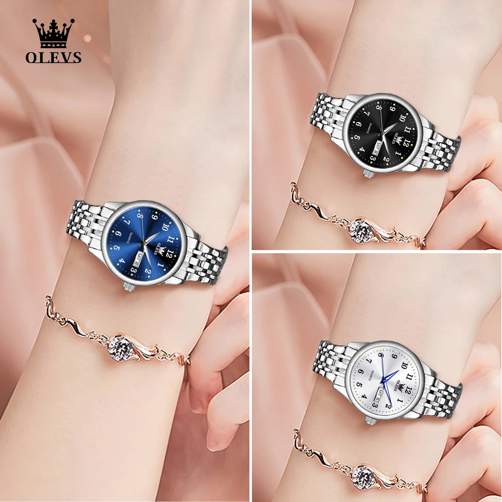 OLEVS Elegant Original Best Selling Trend Stainless Steel Women Watch Calendar Luminous Waterproof Fashion Quartz Women\'s Watch