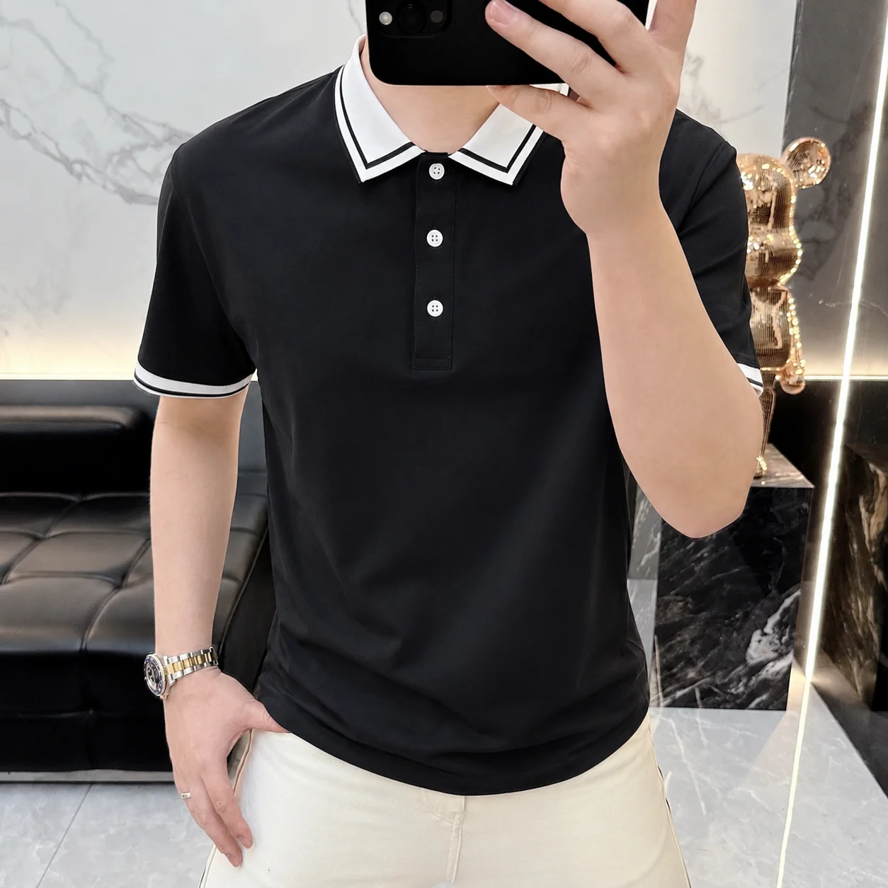 Summer Men's Color-Contrast Collar Short-Sleeved Polo Shirt for Business and Casual Wear