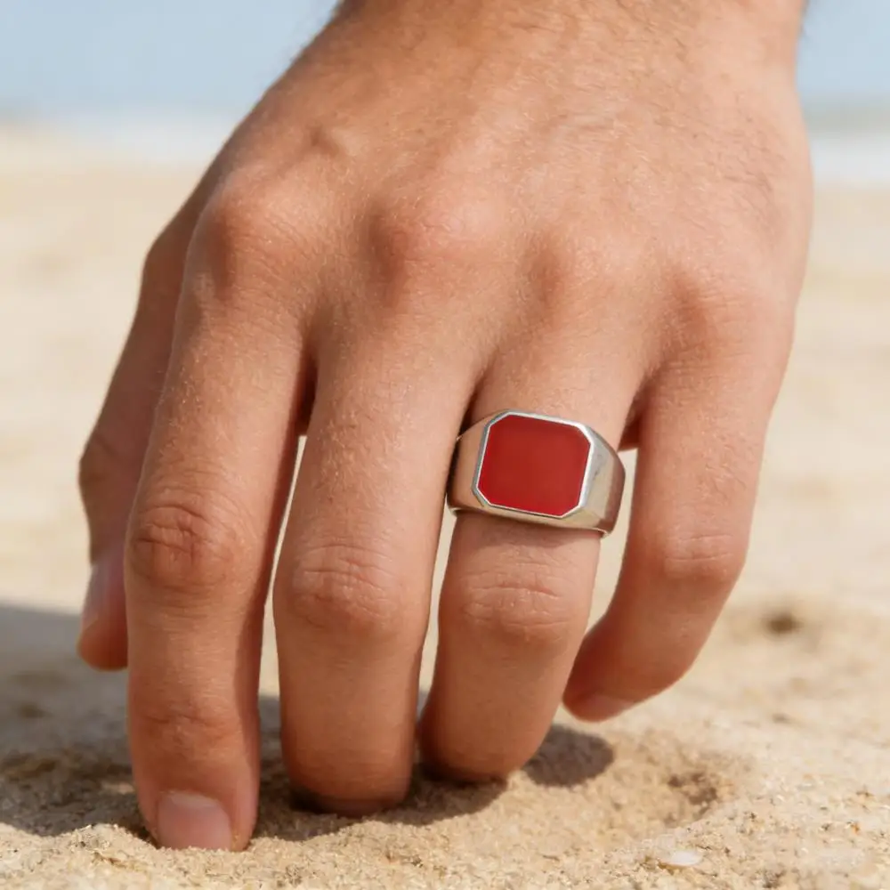 Stainless Steel Rings For Men Women Silver Color Vintage Square Red Enamel Female Male Couple Engagement Wedding Bands Jewelry