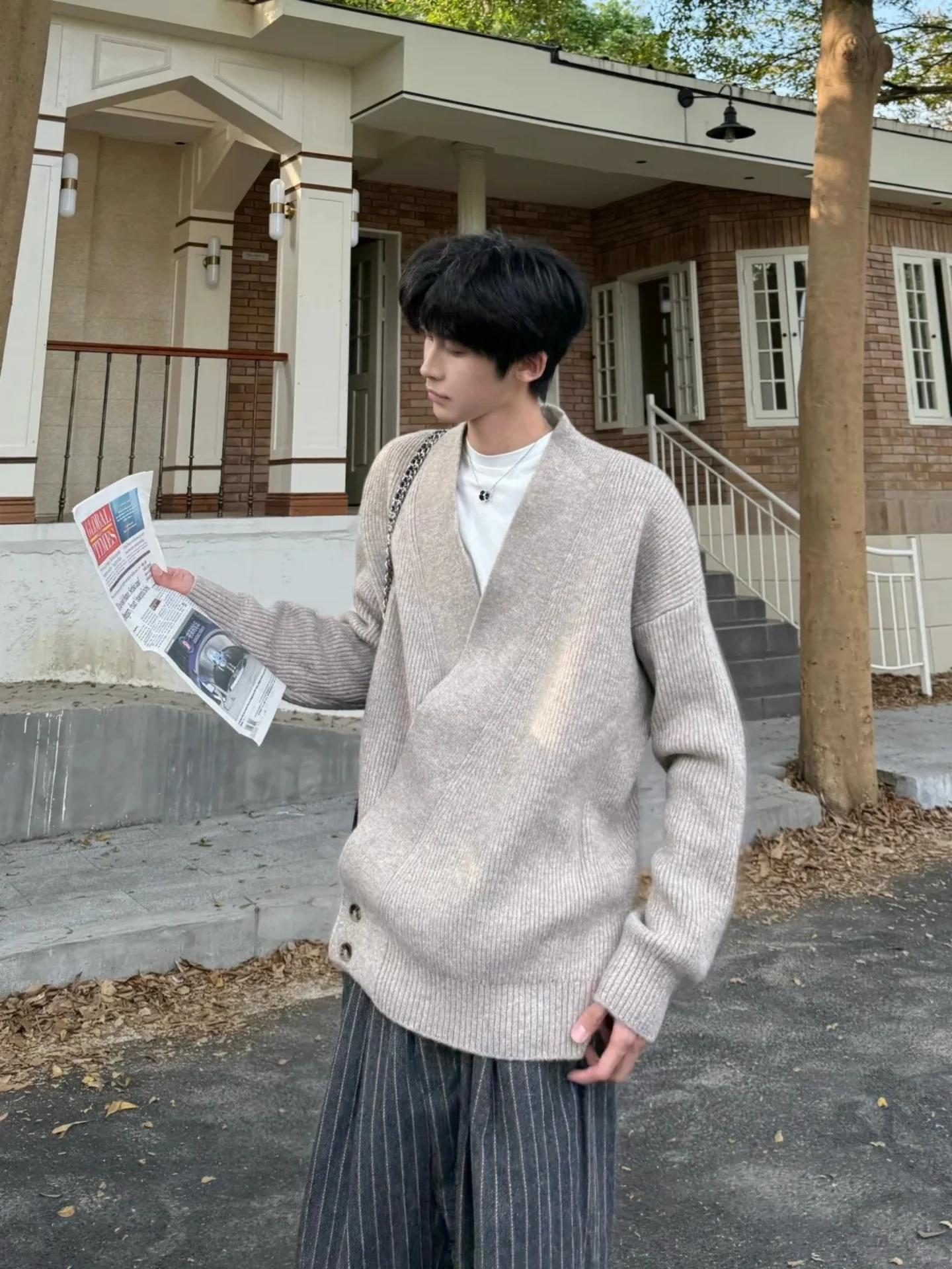 

Мужской свитер Laid-ba Preppy Sle V-ne, однотонный, универсальный, осенне-зимняя верхняя одежда, модный свободный крой, длинный рукав