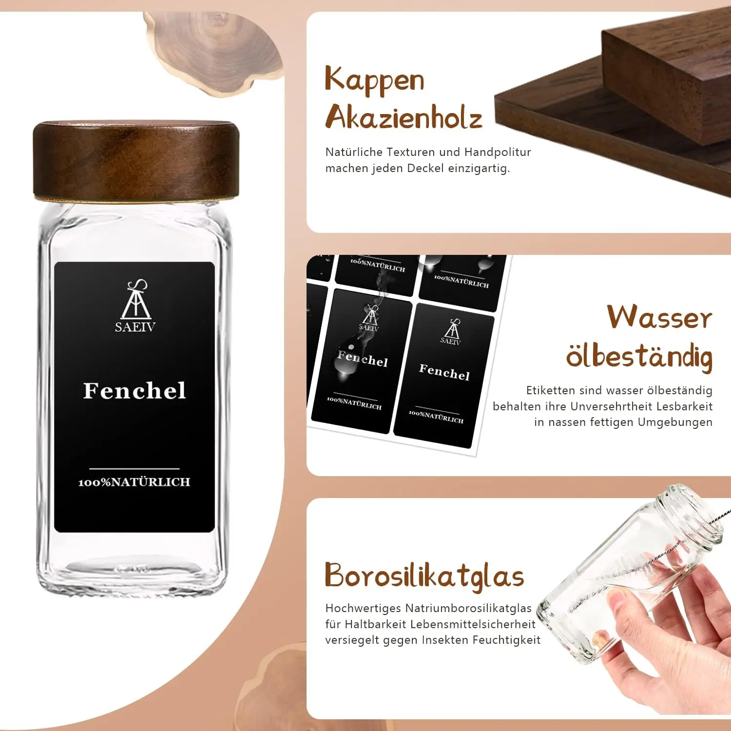SAEIV Quadratische gewürzgläser mit Akazienholzdeckel | 120 ml Gewürzbehälter aus Glas | Set enthält Etiketten, Trichter, Reinigungsbürste und Stift | Luftdicht und auslaufsicher | BPA-frei | küchen organizer – Detail 6