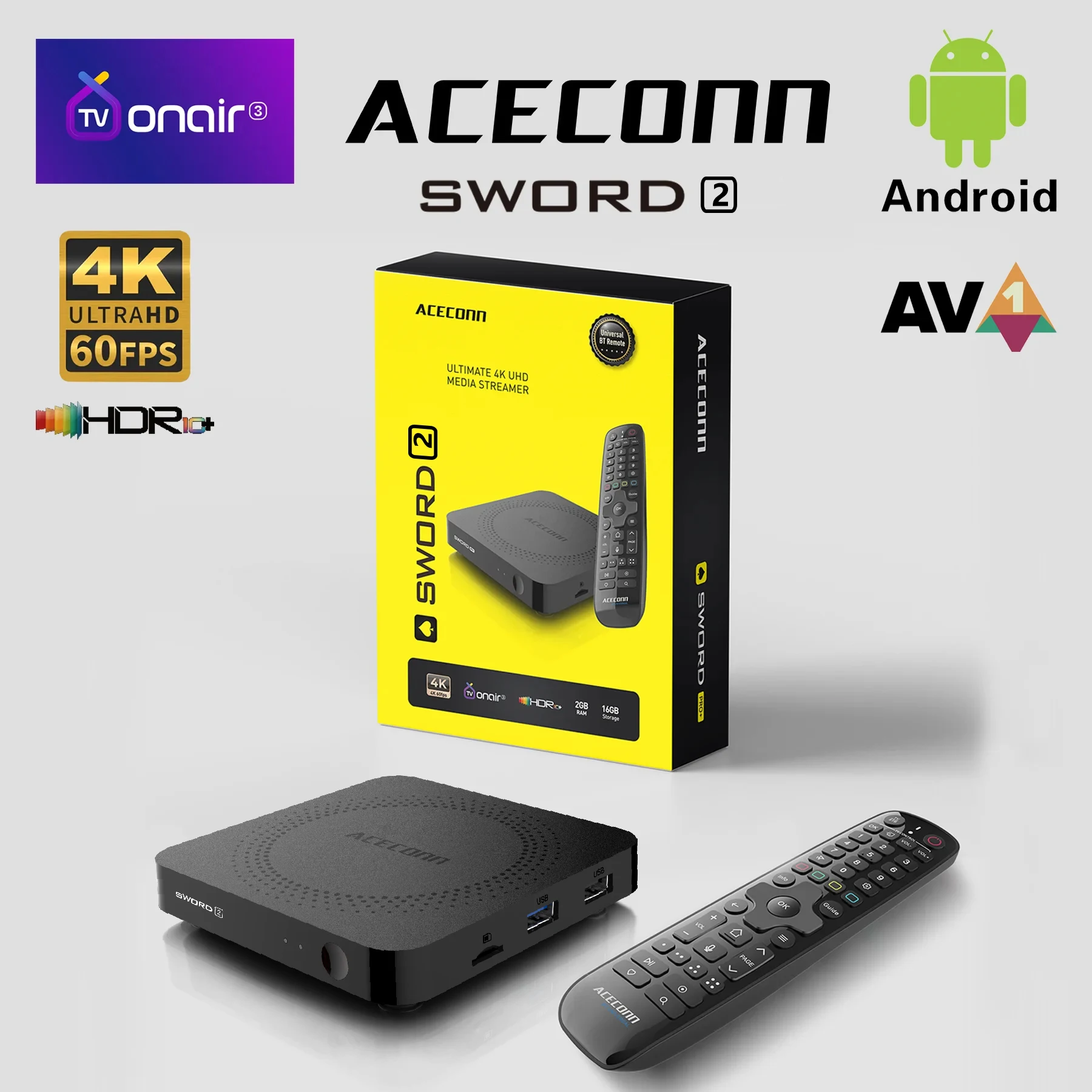 ACECONN Sword2 Android14 iptv streaming boxes 4K TVONAIR3 2GB 16GB Dual WiFi BT Support Voice remote Backlight Find RCU TV Box