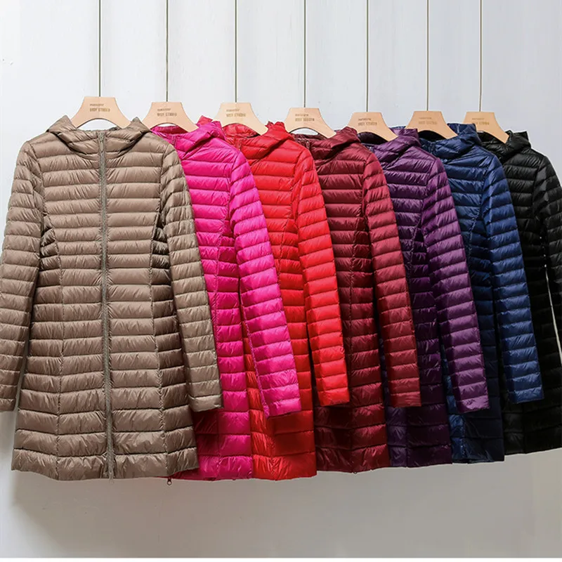 

2024 New Ultralight Thin Packable Down Long Jacket Women Down Jacket Female Hat Detachable Slim Fit Skirt Coat Portable Outwear