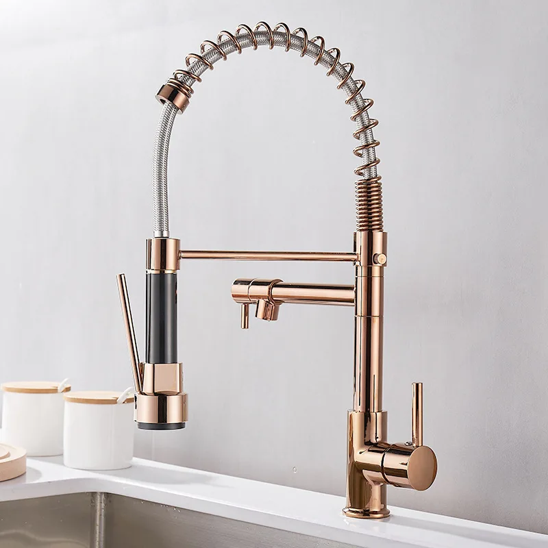Gold Spring Kitchen Mixer Tap Quality Brass 3 Ways Hot Cold Kitchen Mixer Faucets Single Handle Golden Kitchen Spring Faucet