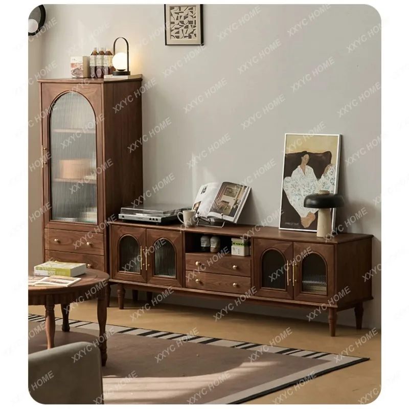 

DDBlack walnut, solid wood TV, combination living room glass door storage, storage, display cabinet