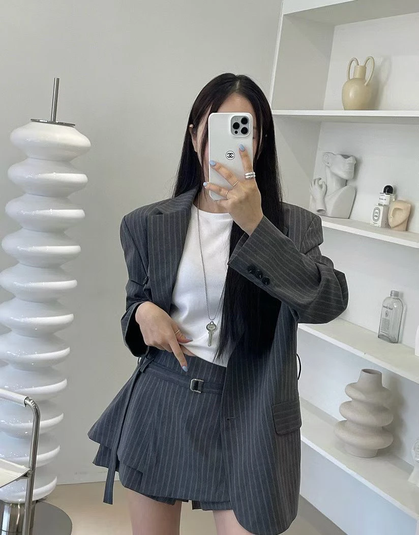 

Dongda Gate Women's Straight Stripe Suit Set Jaet High Waist Skirt ort Skirt Faionable Busin Casual Outfit