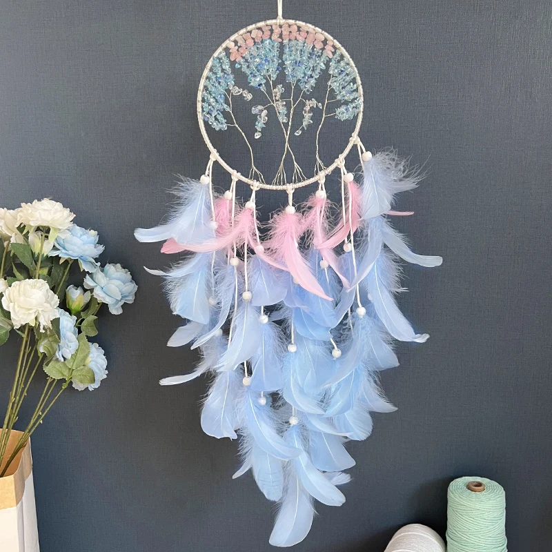 Dream Catcher Crystal Tree Of Life Blue Feathers Wind Chimes Bedroom Hanging Ornaments Birthday Festival Gifts Home Decorations