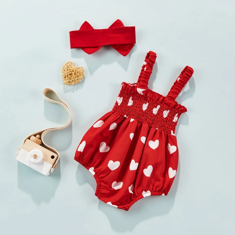 Baby Girls Romper Outfit Summer Toddlers Sweet Style Heart Printing Sleeveless Suspender Bodysuits  Jumpsuit Bow Headwear Set