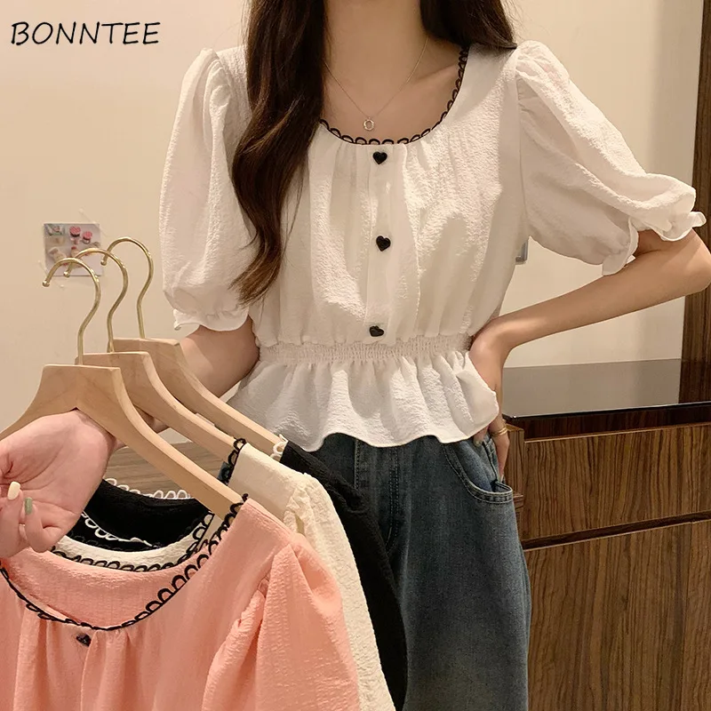 Summer T-shirts Women Square Collar Puff Sleeve Button French Style Defined Waist Sweet Temperament Casual Cropped Tops Students