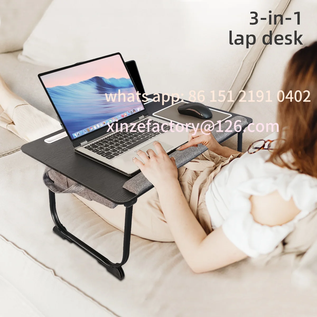 Customizable Portable Bed Table For Folding With Foldable Cushion,Handle,Slot And Mouse Pad