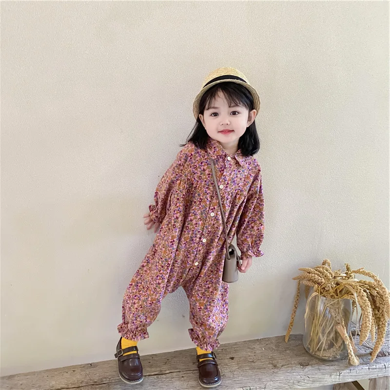 Girls Jumpsuit Flower Long Sleeved Jumpsuit 2024 Spring and Autumn New Sweet and Cute Childrens Baby Girl Clothes