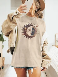 Sun and Moon Celestial Cosmic Design Print T-shirt Short Sleeve Crew Neck Casual Top For Summer & Spring Women's Clothing