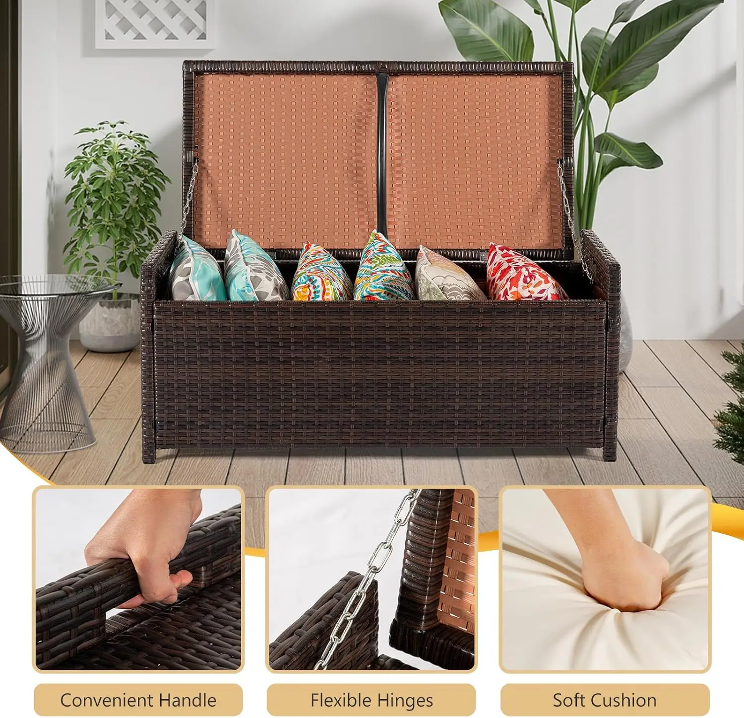 55 Gallon All-Weather Rattan Storage Bench, 2-in-1 Wicker Deck Box and Outdoor Storage Box with Cushions, Waterproof Bag, Brown/Beige Organizer for Pool Tools, Garden Tools and Outdoor Equipment