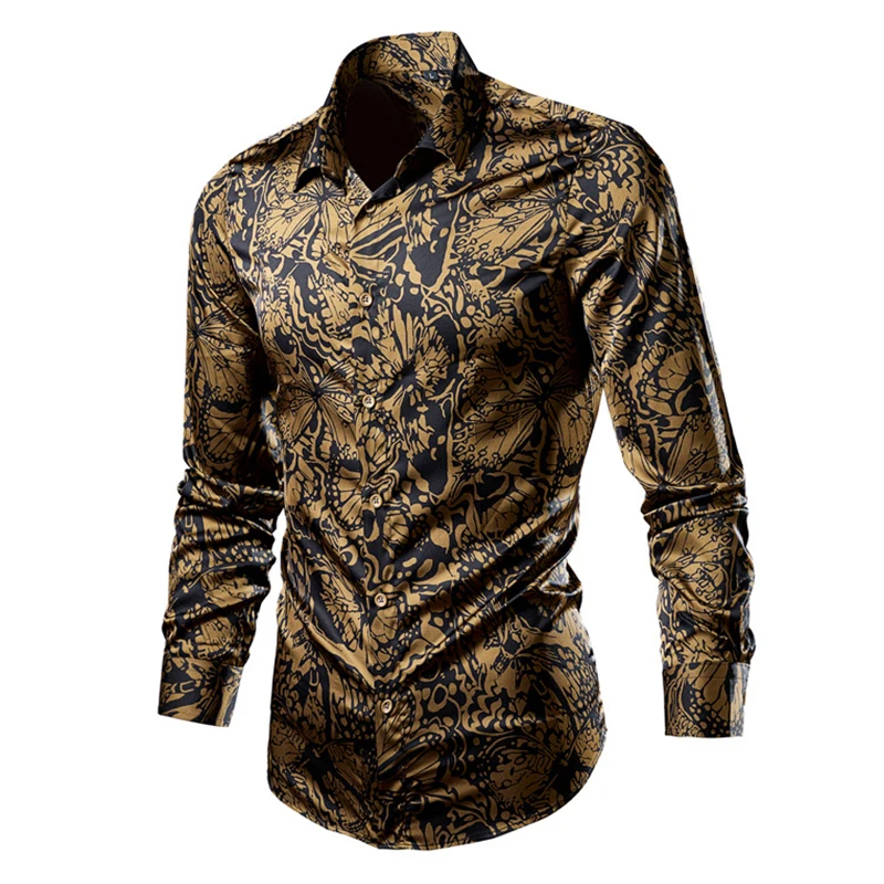 Men\'s Fashion Leopard Print Shirt Long Sleeve Print Flower Loose Shirt Social Man Casual Party Homme Shirt M-6XL