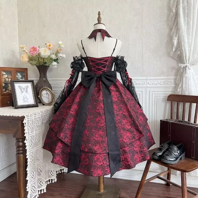 Women Gothic Lolita JSK Dress Set Black Red Rose Print Bandage Corset Dress Lace Sleeves Victorian Elegant Party Cosplay Costume