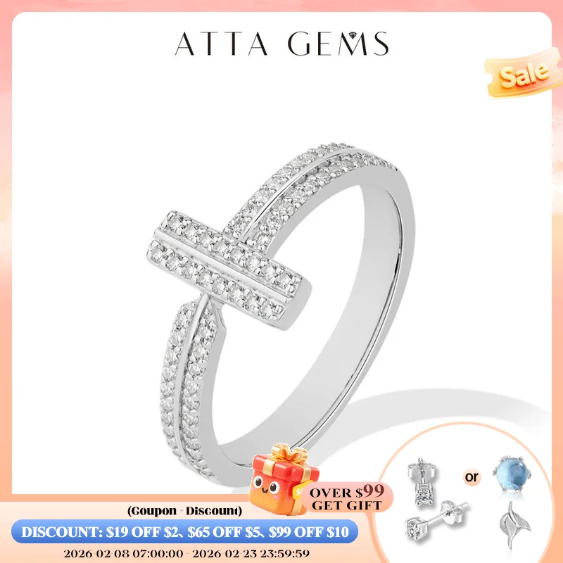 

ATTAGEMS 925 Sterling Silver Moissanite T-Bar Ring Double Band Paved Luxury Design Rings for Women Engagement Party Jewelry Gift
