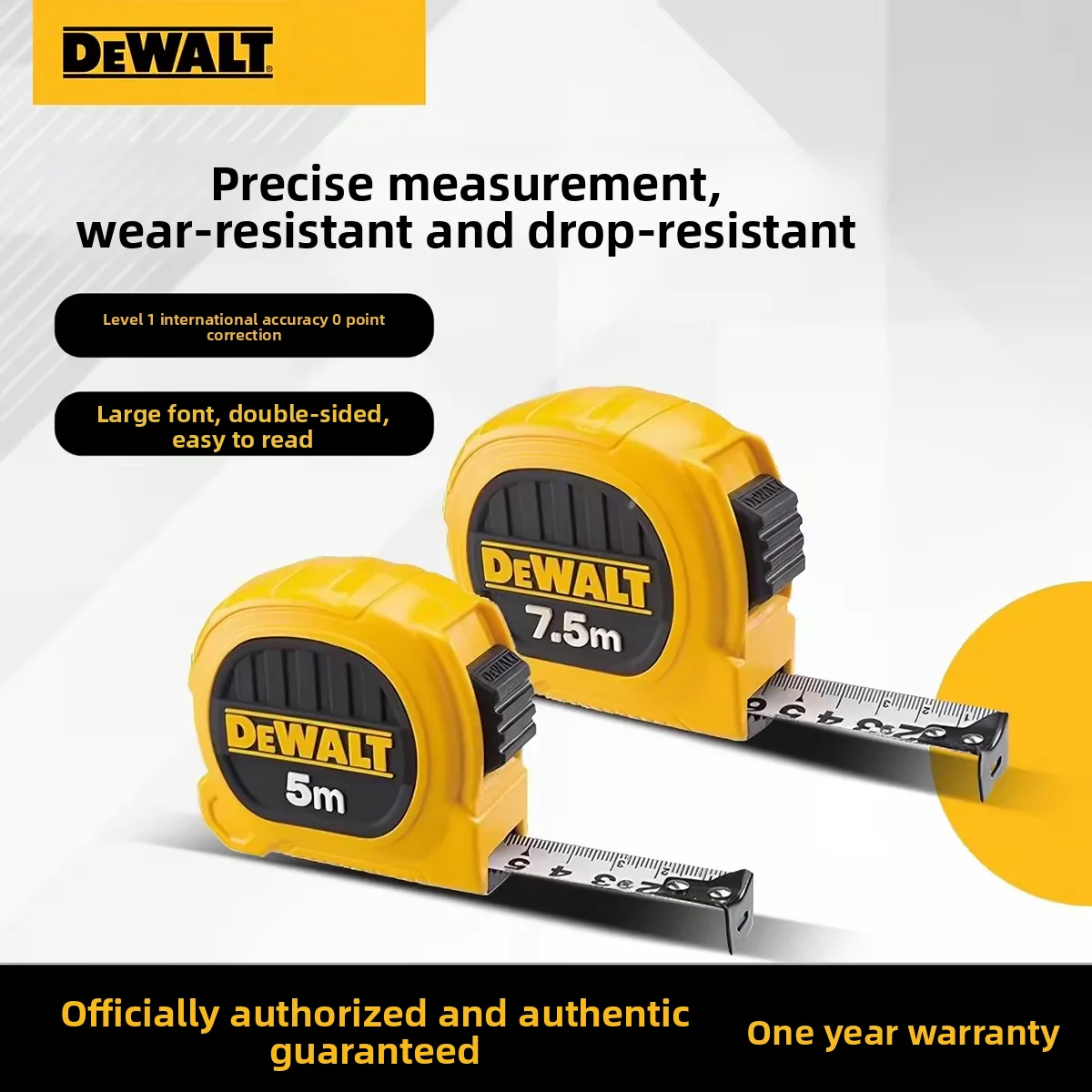 DEWALT 5m & 7.5m Tape Measures, Wear-Resistant, High-Precision, Wear-Resistant Measuring Tapes, Steel Tape Measures.