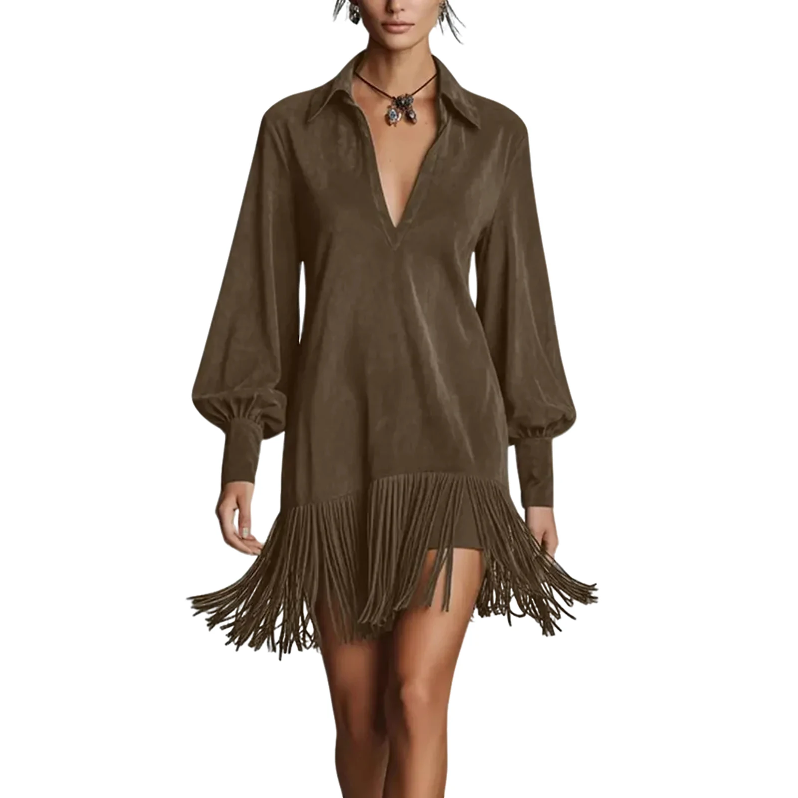 เดรสสั้นผู้หญิงผ้าสักหลาดเนื้อนุ่ม ดีไซน์ปกเสื้อแบบปกเชิ้ต คอวีลึกเซ็กซี่ ชายกระโปรงไขว้แบบไม่สมมาตร ทรงเข้ารูป เหมาะสำหรับแฟชั่นฤดูใบไม้ร่วง