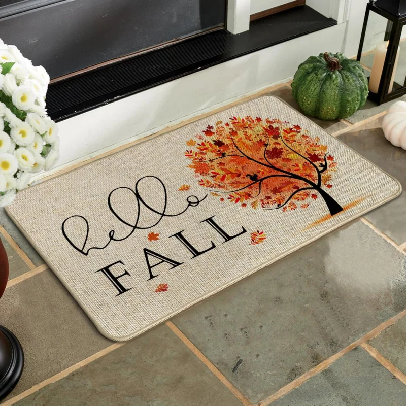 Hello, autumn front doormat, indoor and outdoor entrance, Thanksgiving maple leaf doormat, home decoration