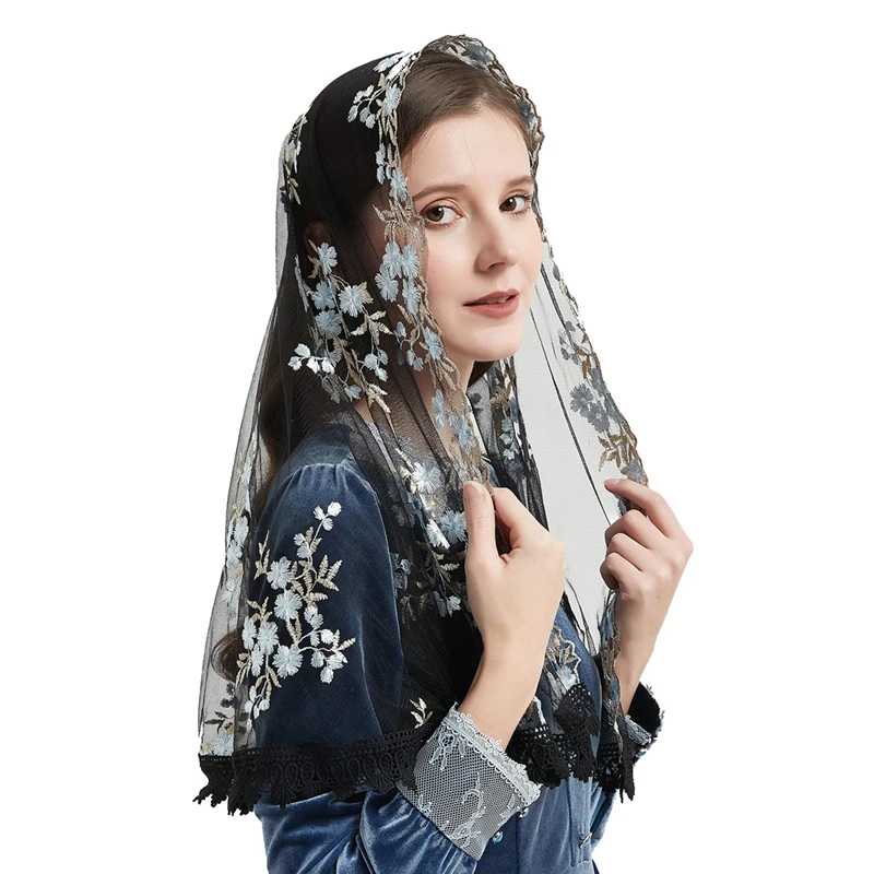 D Shape Mantilla Veils Catholic White Black White Tulle For Mass Church Head Covering Vintage Chapel Blue Embroidered Flowers