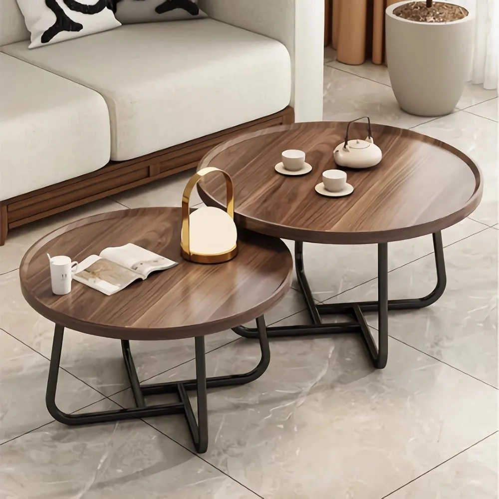 

Round Nesting Coffee Table Set of 2, 28" Round Walnut with Fluted,Mid Century Modern,Center for Living Room Bedroom Office Balco