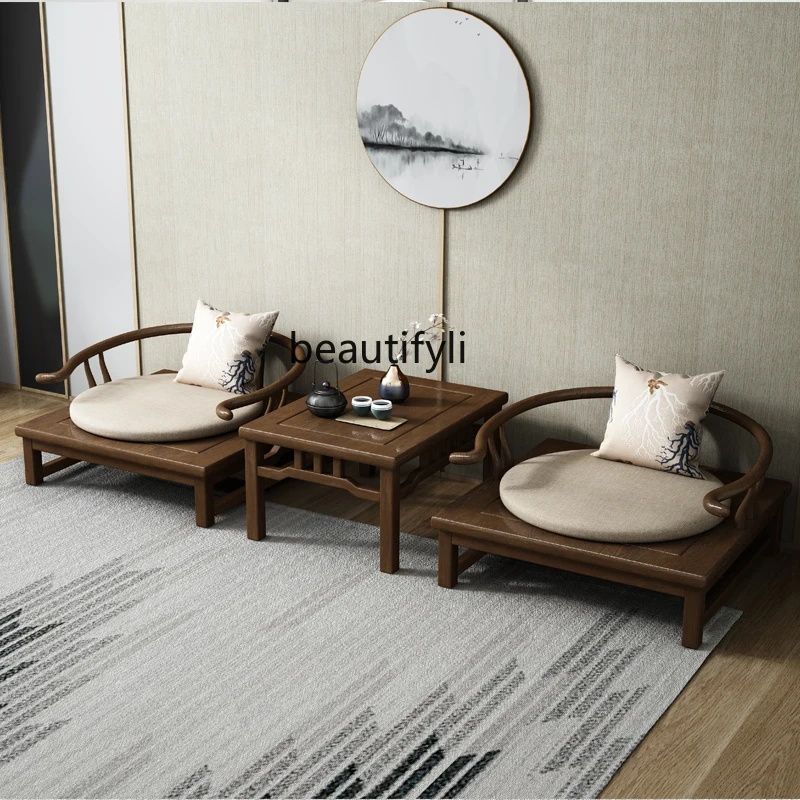 New Chinese solid wood low armchair tea room tatami single zen chair bay window leisure chair combination ash wood