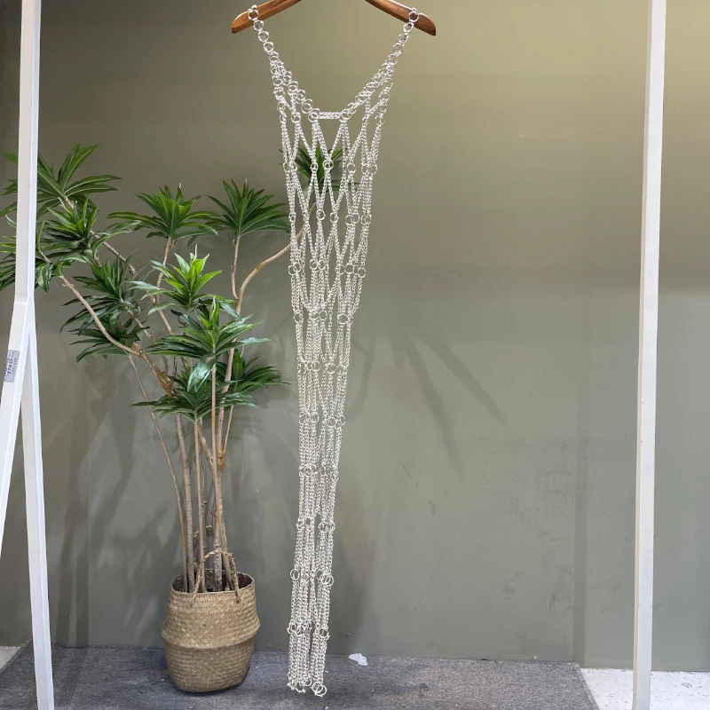 فستان مثير للنادي مصنوع يدويًا شفاف من خلال سلسلة معدنية للجسم للعطلات للنساء بدون أكمام فستان طويل ملابس Y2k Fashion #4