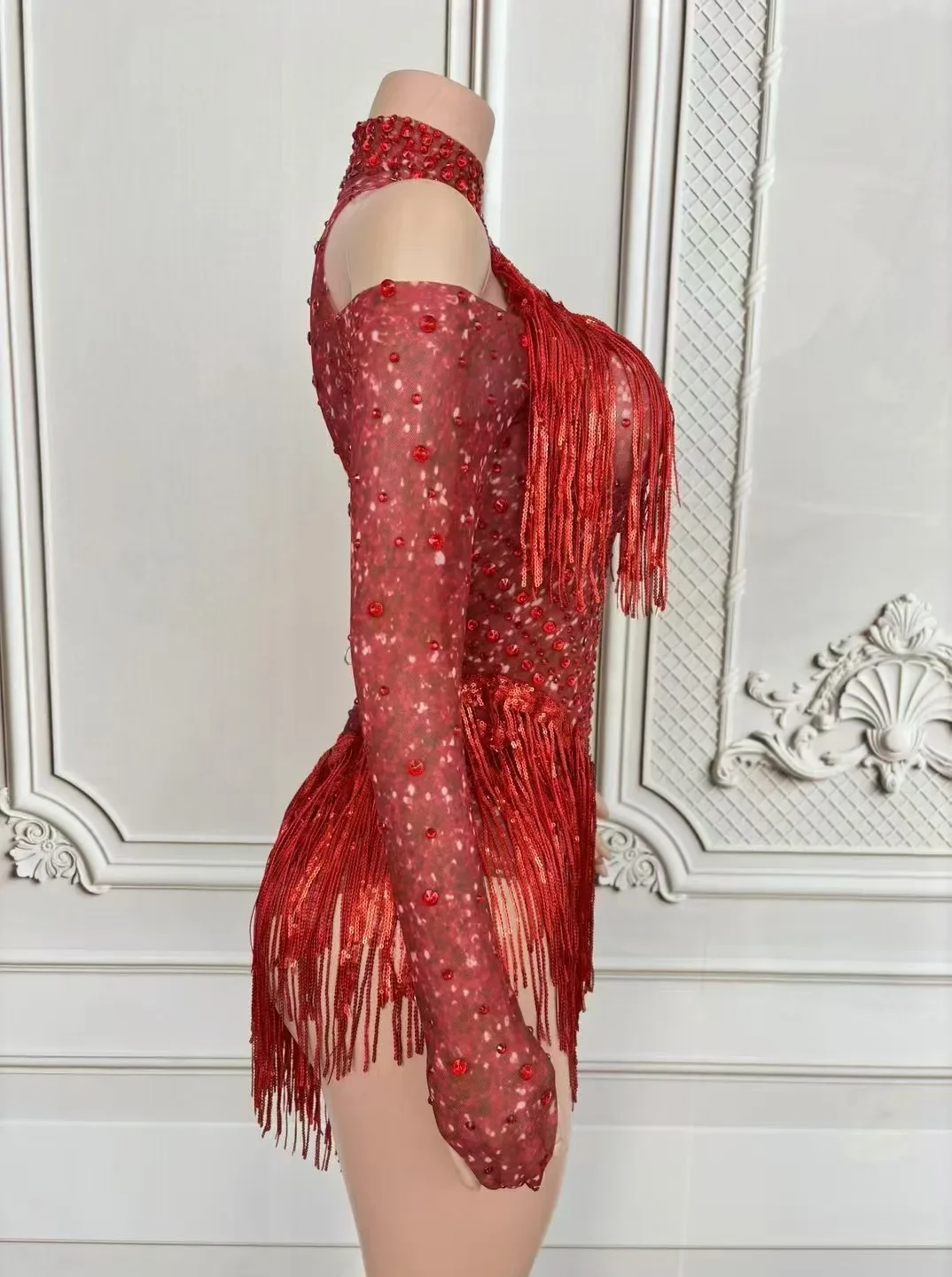 Nightclub Sexy Stage Wear Red Fringe Leotard Dancer Party Show Performance Host Costume Sparkly Sequins Tassel Crystal Bodysuit