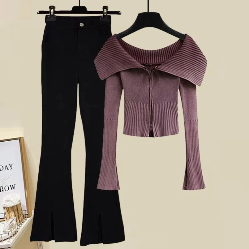 Autumn and Winter Fashion Women's Set New Korean Edition Slim Knitted Top Temperament Slim Fit Jeans Two Piece Set