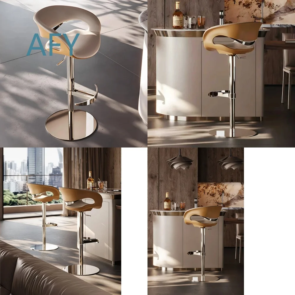 Light Luxury High Lift Bar Chair for Home Office Kitchen Dining Room Rotating Stainless Steel High Stool with PU Leather Seat