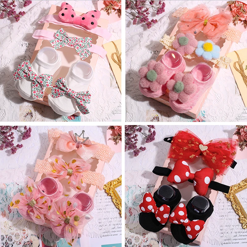 3 Pcs/Set Baby Socks Headbands Set Dot Flower Lattice Bows Infant Girl Socks Hairband Summer Anti Slip Kids Toddler Short Socks