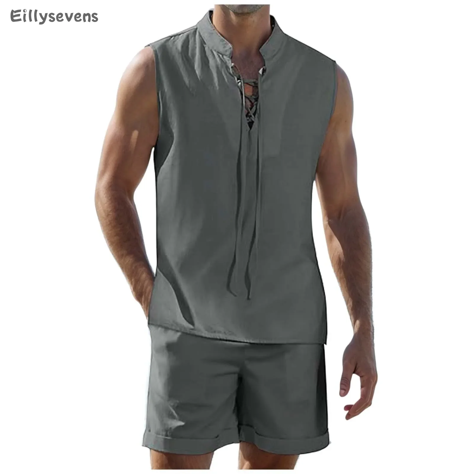 Men's Two-piece Sleeveless Drawstring Stand-up Collar Tops Shorts With Pockets Summer Casual Solid Color Suit conjunto hombre