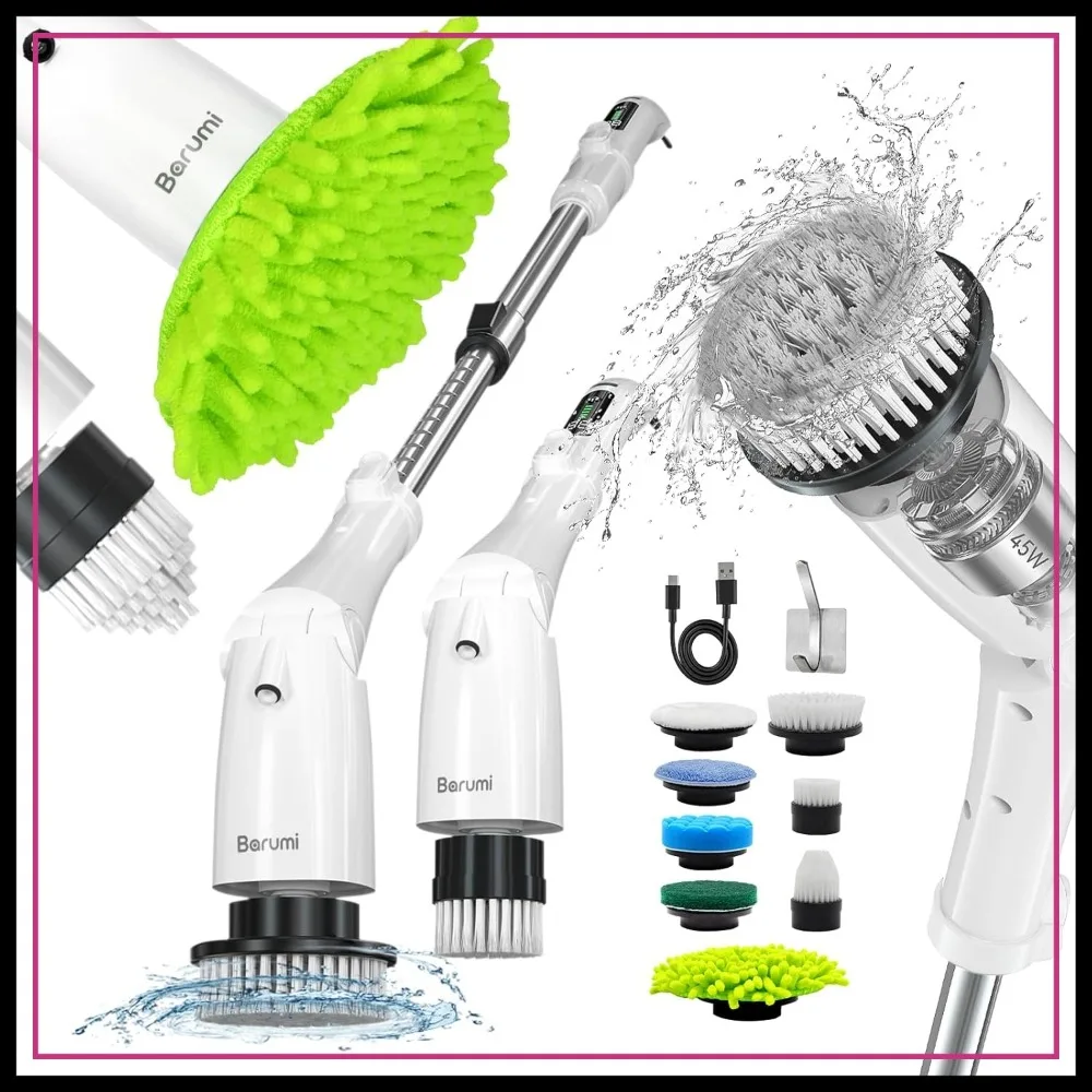 

Electric Spin Scrubber – 3 Modes, LED Panel, Adjustable Head, Full Extension for Bathroom, Kitchen, Tub, Floor & Cars – 8 Replaceable Brushes