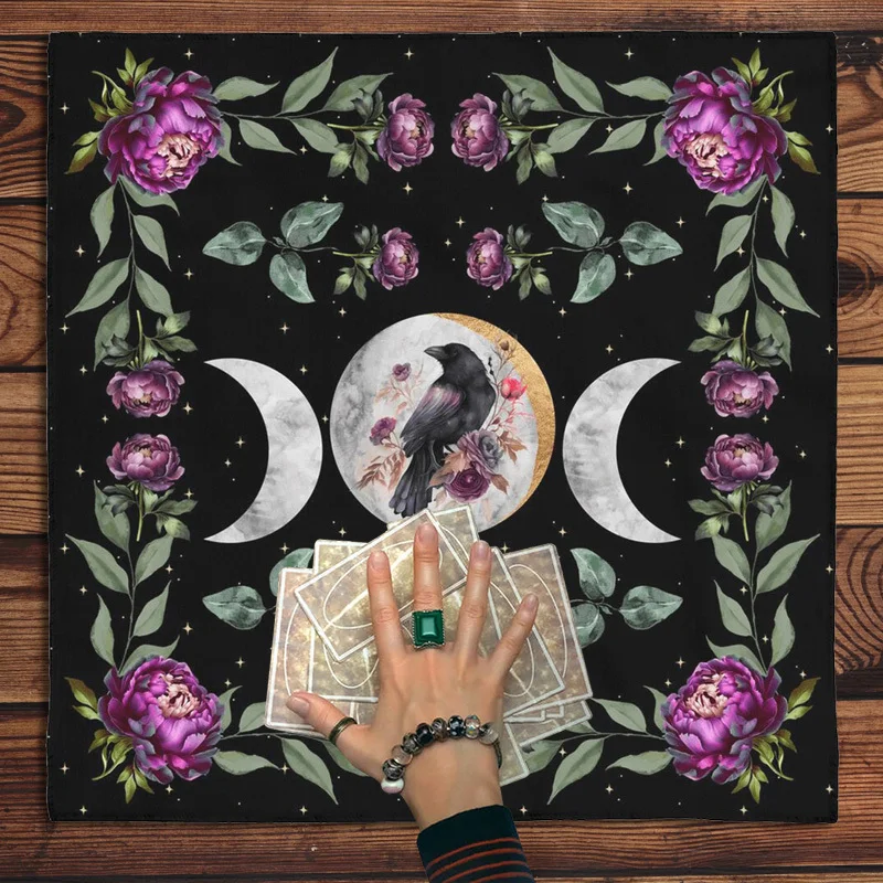 VIKAMA Triple Moon Raven Tarot Altar Cloth Purple Peony Witchcraft Divination Mat for Tarot Reading Spiritual Floral Home Decor