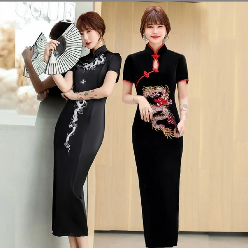

Женское весенне-летнее платье Cheongsam, длинный стиль, китайский костюм с вышитым драконом, костюм для банкета, дня рождения, вечеринки, Cheongsam