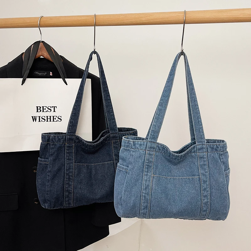 1 borsa a tracolla di grande capacità in tela di jeans tinta unita per borsa da pendolarismo da donna, adatta per ragazze, donne, studenti